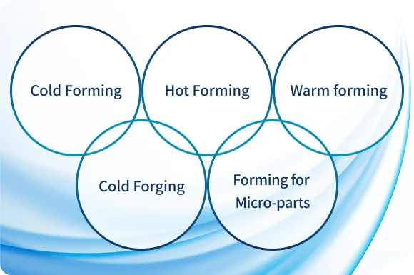Schematic diagram of the three core forming technologies (Cold Forming, Warm Forming, and Hot Forming) and high-precision mass production through forging.