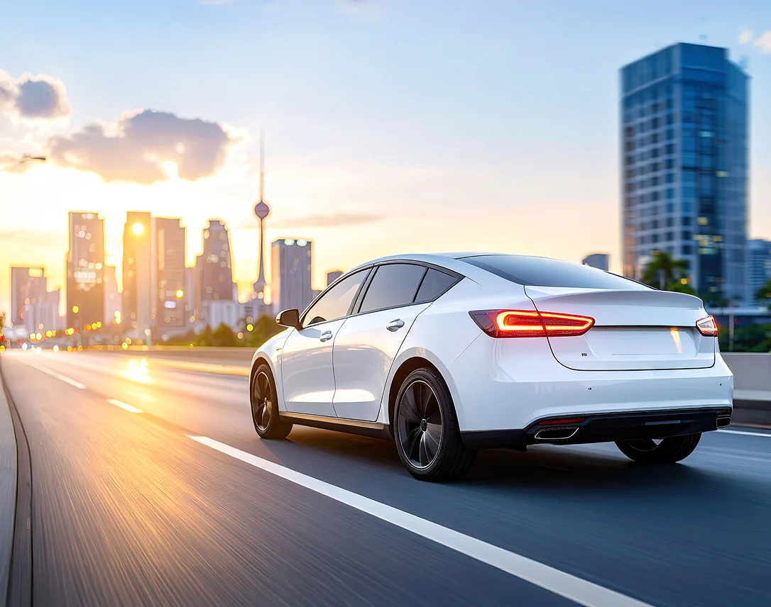 都会の道路を走る車。先進的な未来を象徴。